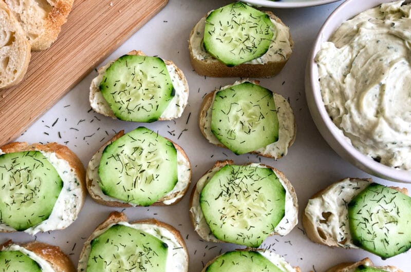 Dill and cucumber baguettes with sliced cucumbers and cream cheese spread