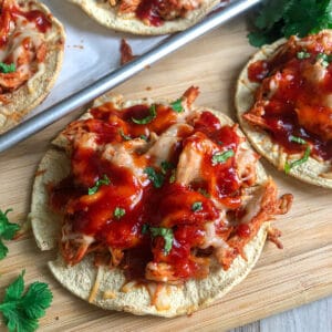 BBQ chicken tostadas on a serving plate