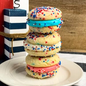 4th of July cake mix cookies stacked on top of each other.