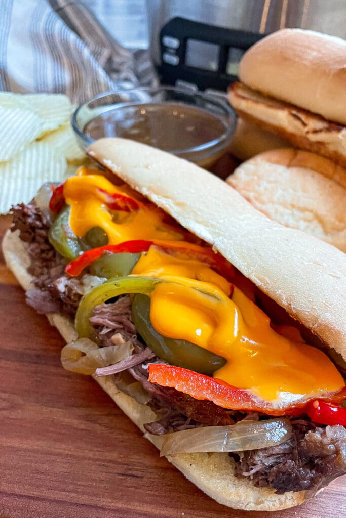 Slow Cooker Philly cheesesteak sandwich
