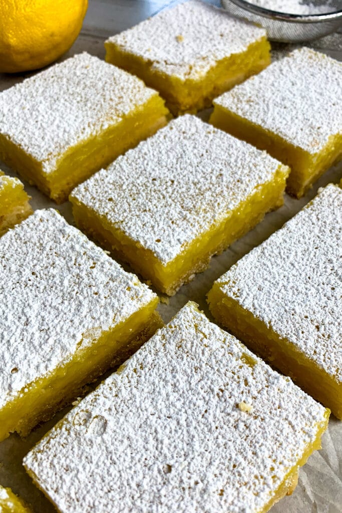 Lemon bars dusted with powdered sugar and ready to eat.