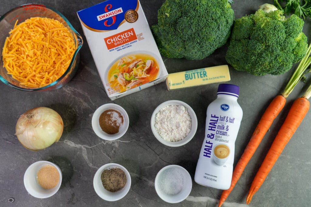 All the ingredients needed to make broccoli cheese soup.