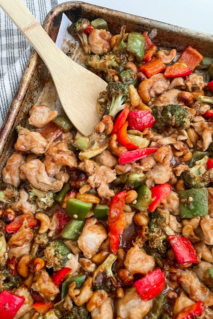 easy sheet pan cashew chicken cooked and ready to serve