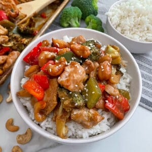 Best sheet pan cashew chicken served over white rice