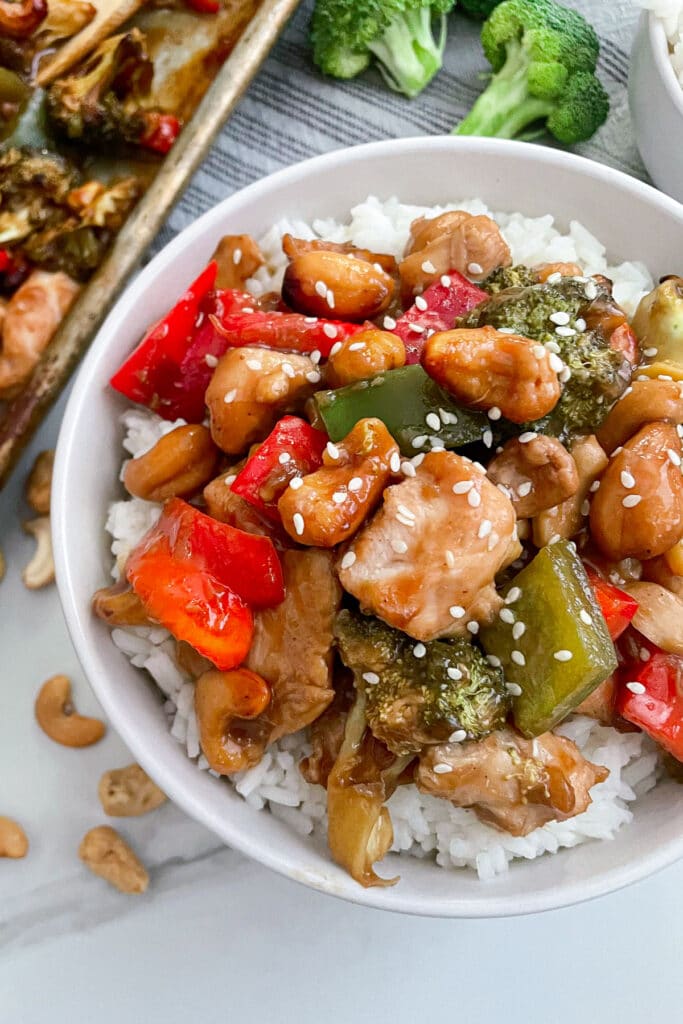 Cashew chicken served over rice