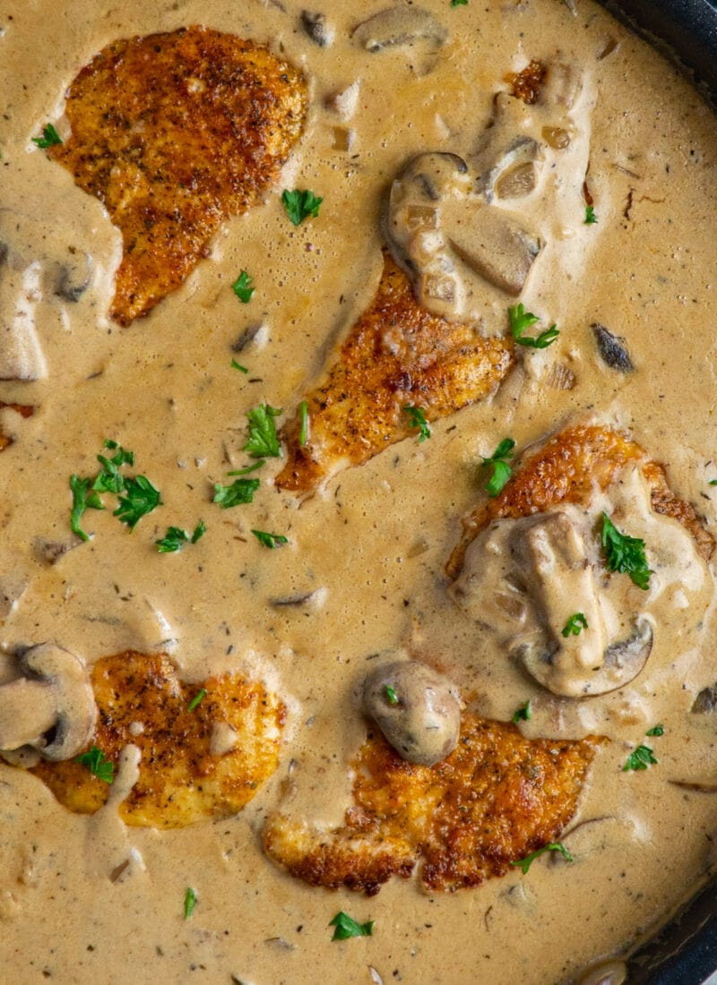 Close up of chicken stroganoff in a skillet garnished with parsley.