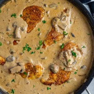 Close up of chicken stroganoff in a skillet garnished with parsley.