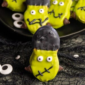 Close up of Frankenstein Nutter Butter Halloween cookies.
