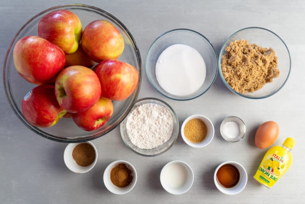 Ingredients needed to make homemade apple pie.