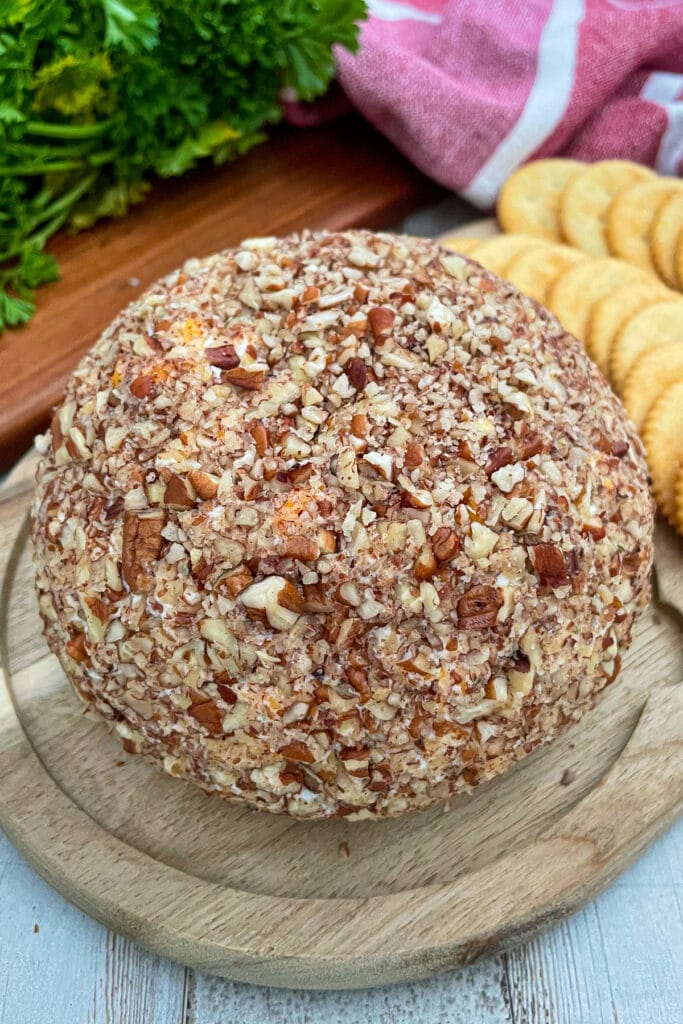 homemade cheese ball served with crackers