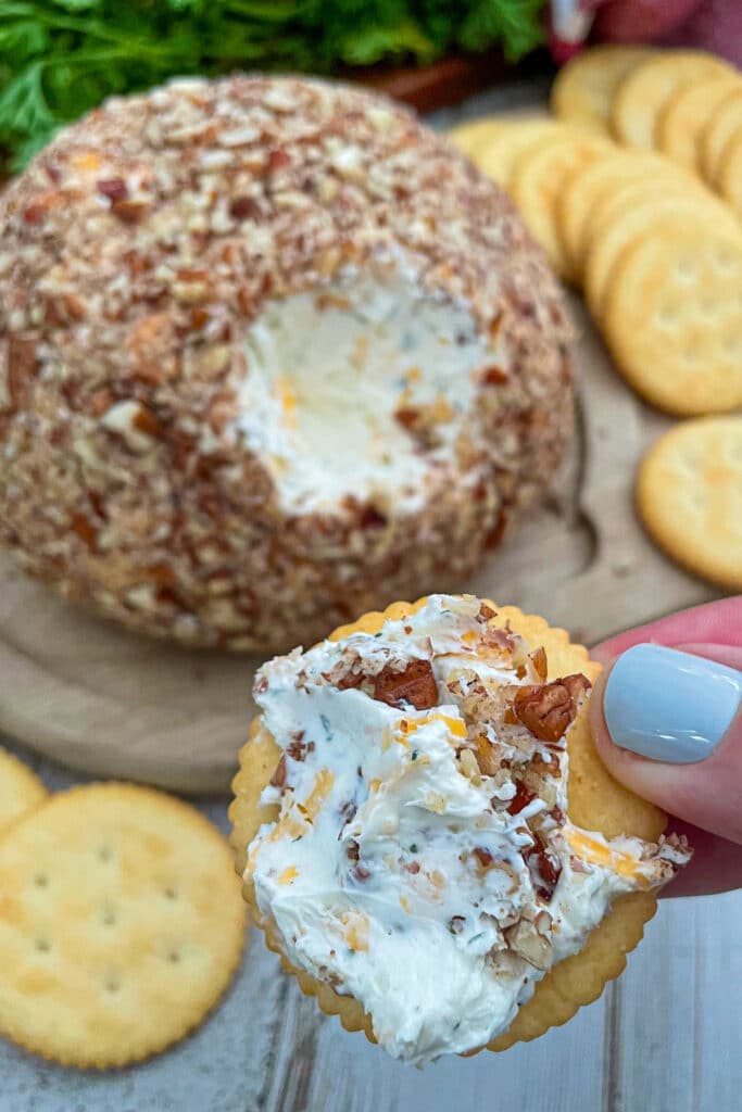 cheese ball spread on a cracker