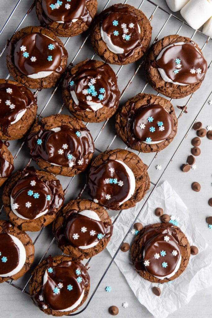 Hot Cocoa cookies on a cooling rack.