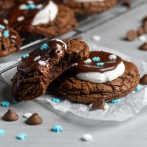 Close up of two hot chocolate cookes with a bite taken out of one.