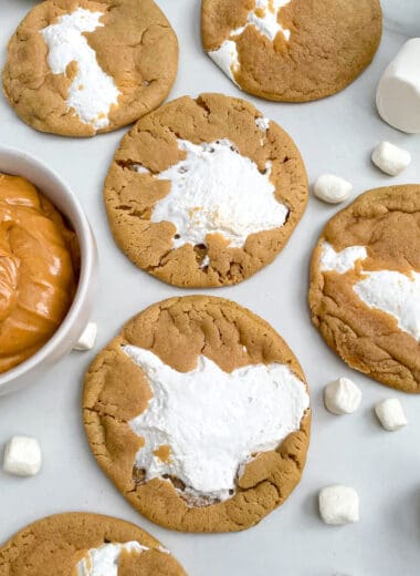 fluffernutter cookies with marshmallows and a bowl of peanut butter