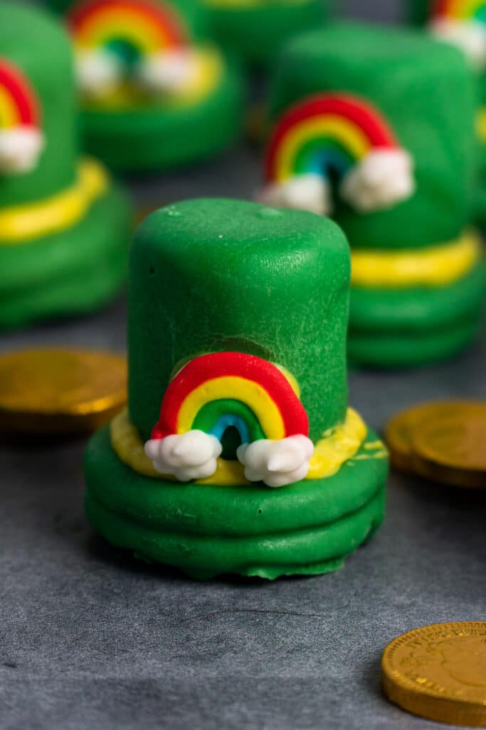 Close up of leprechaun Oreo hat cookies.