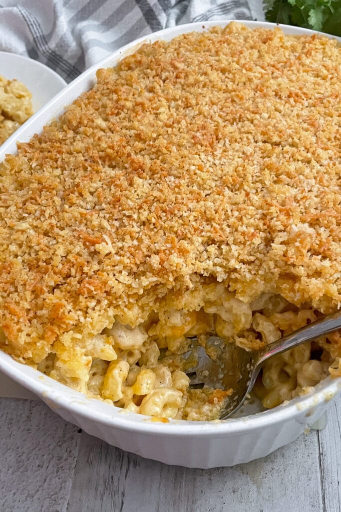Creamy baked mac and cheese with a bread crumb topping