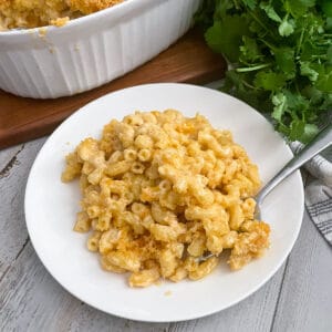 close up photo of creamy baked mac and cheese on a serving plate