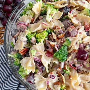 close up photo of broccoli grape pasta salad