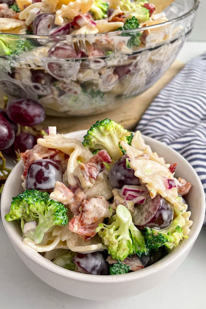 broccoli grape pasta salad in a serving bowl