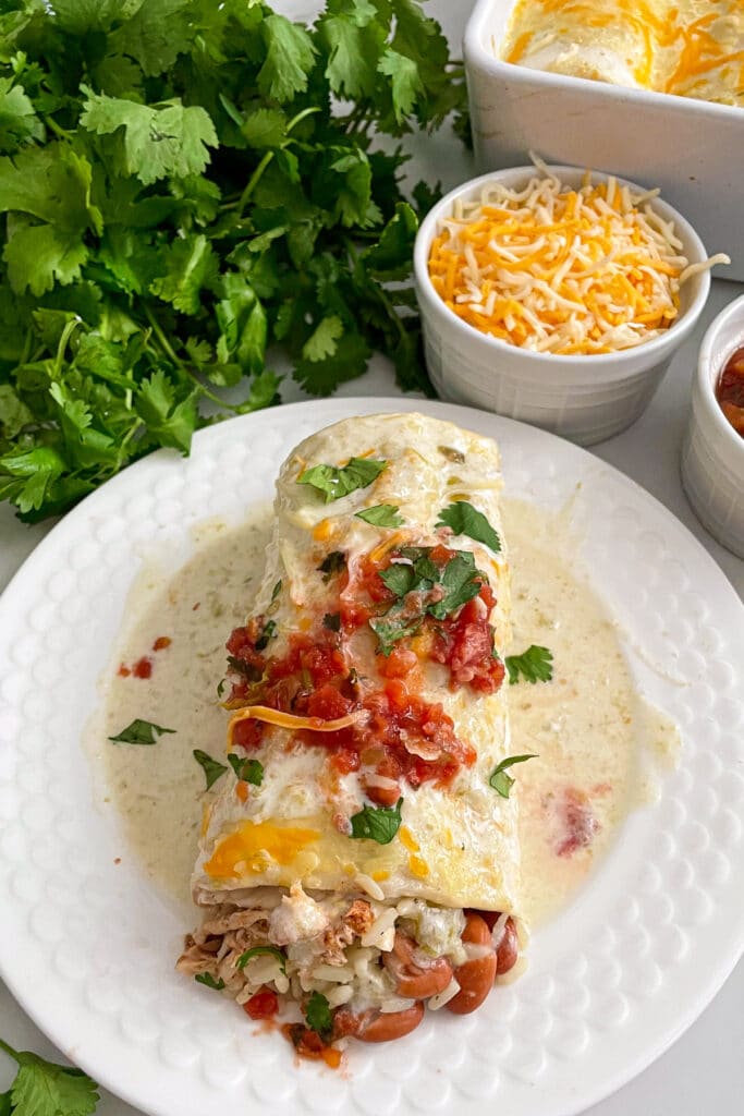 smothered honey lime chicken burrito served with salsa, cheese, and cilantro