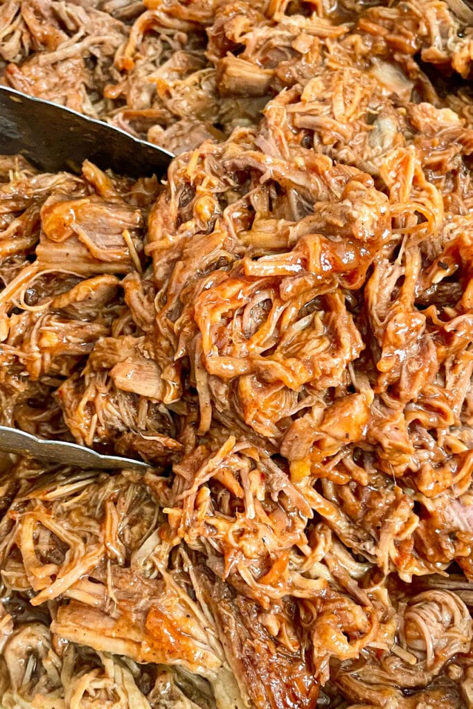 close up photo of slow cooker dr. pepper pulled pork