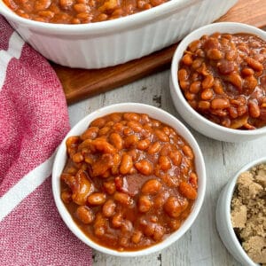 best baked beans in a white serving bowl