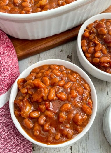 best baked beans in a white serving bowl