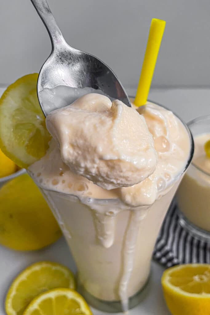 close up shot of Chick-fil-A frosted lemonade on a spoon