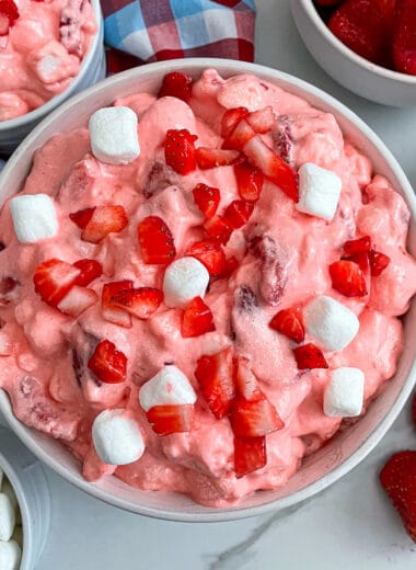 close up shot of strawberry fluff jello salad