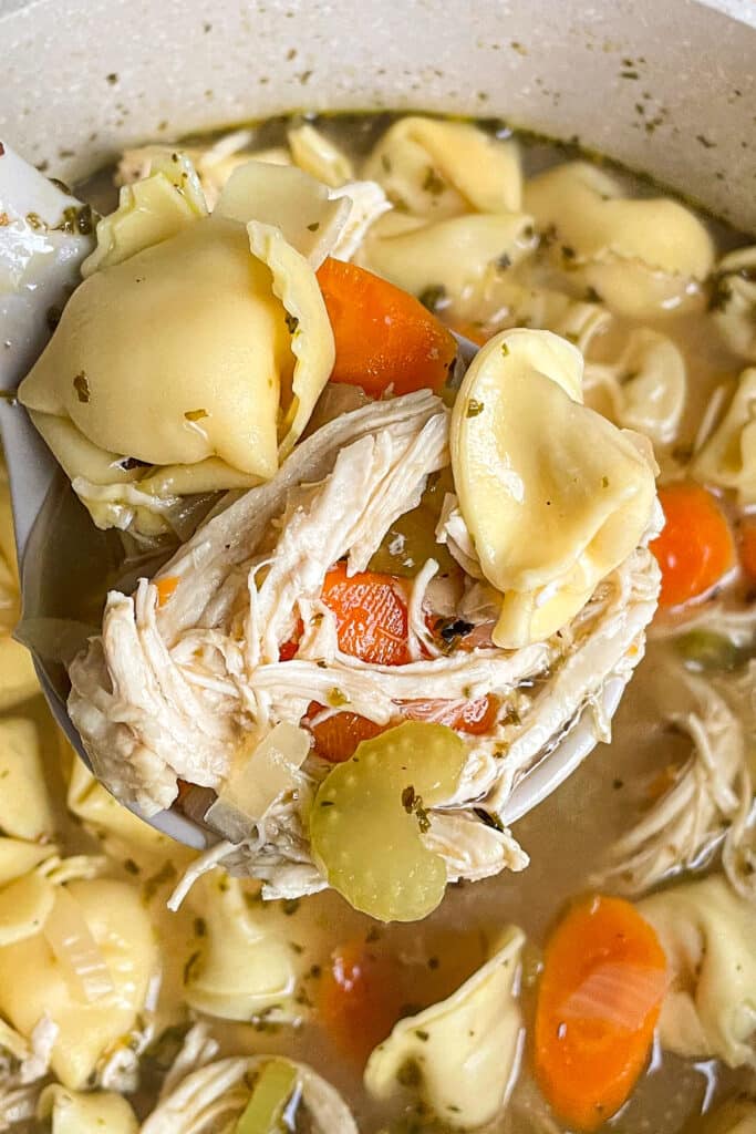 close up shot of a spoonful of quick and easy chicken tortellini soup