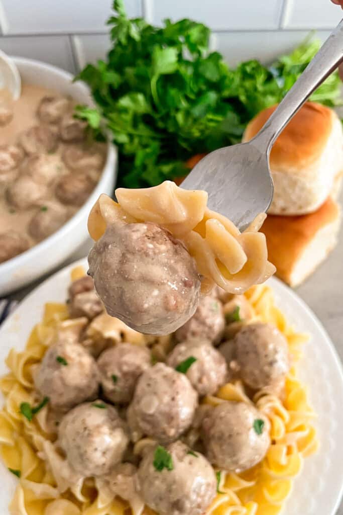 close up shot of swedish meatball and egg noodle on a fork.