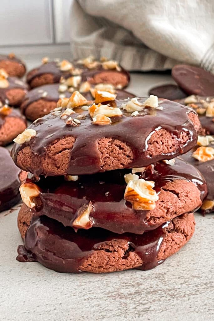 Texas sheet cake cookies stacked on top of each other.  