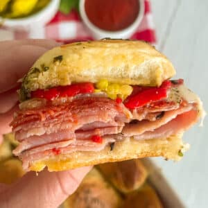 Best hot Italian sub slider held in my hand to show a close up