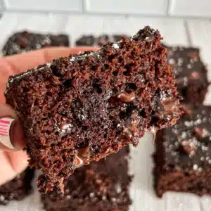 Close up shot of healthy zucchini brownies in my hand