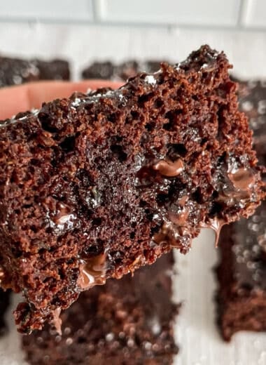 Close up shot of healthy zucchini brownies in my hand