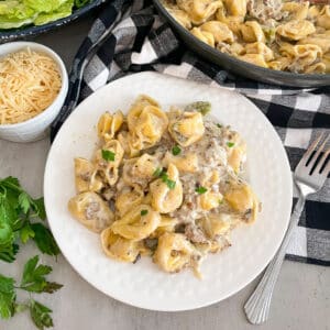 Philly Cheesesteak tortellini on a serving plate