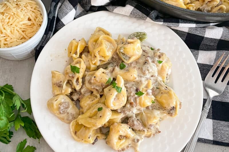 Philly Cheesesteak tortellini on a serving plate
