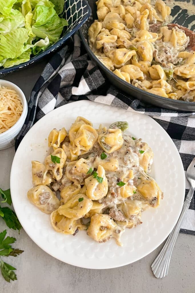 Philly Cheesesteak tortellini on a serving plate