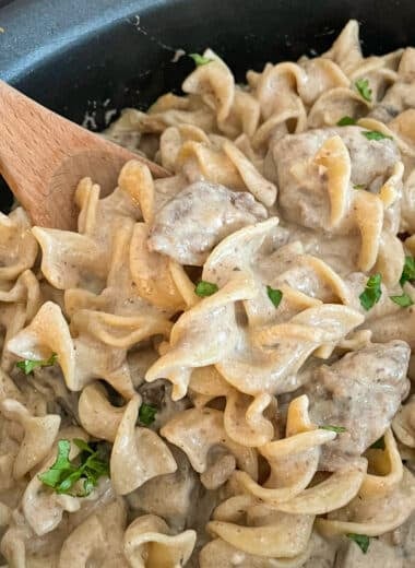 close up shot of slow cooker beef stroganoff recipe with a wooden spoon for serving