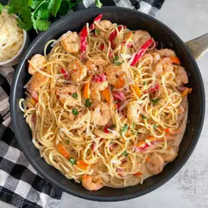 Cajun shrimp pasta in a skillet for serving